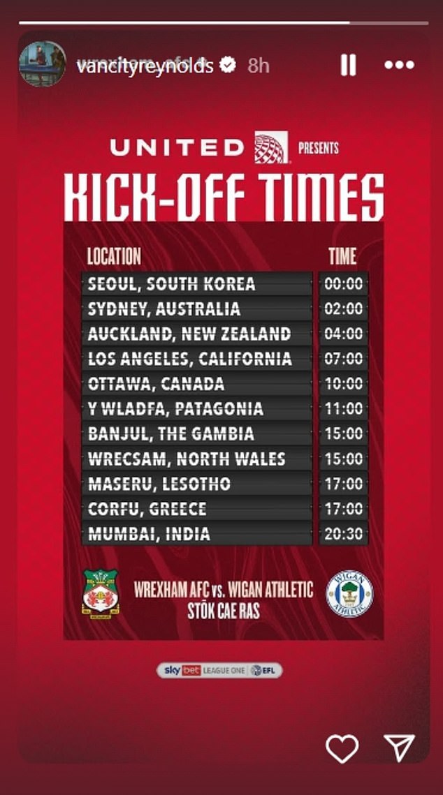 O cônjuge de Lively, Ryan Reynolds, estava no Instagram Stories no domingo promovendo seu clube de futebol Wrexham AFC