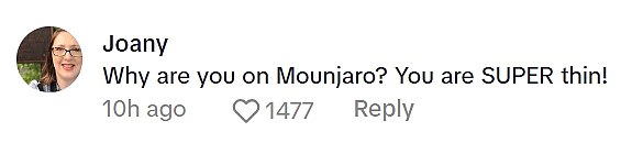 Os espectadores entraram na seção de comentários com reações como: 'Por que você está no Mounjaro? Você é super magro! ' e: 'Por que você está com este medicamento?'