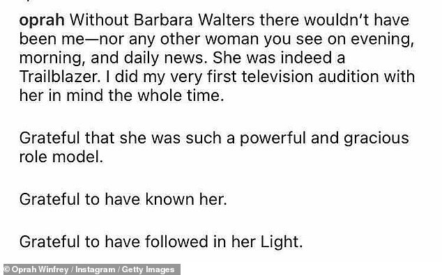 Winfrey e Walters haviam desenvolvido uma amizade íntima em meio a suas prósperas carreiras, e a personalidade da TV prestou homenagem a Barbara após sua morte em 2022