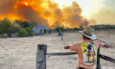 Morador observa a fumaça de incêndios em Corumbá