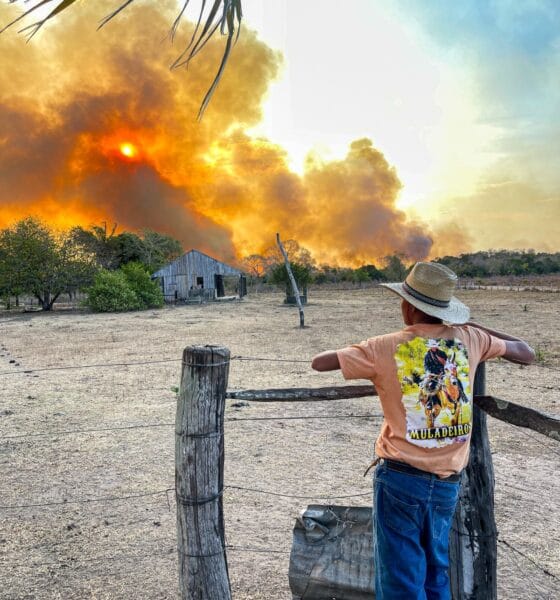 Morador observa a fumaça de incêndios em Corumbá