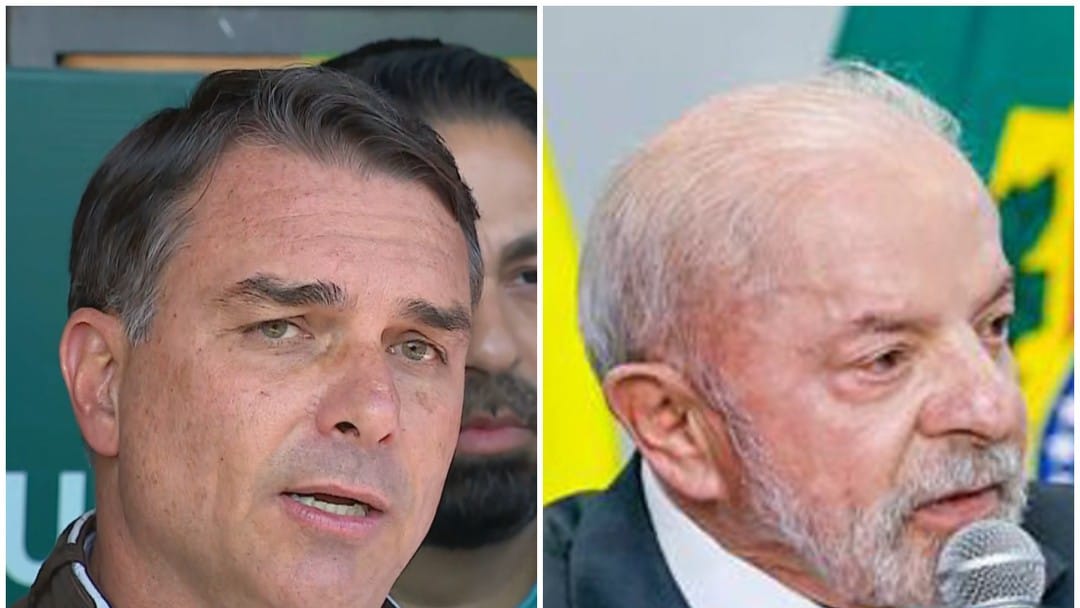 Montagem com o senador Flávio Bolsonaro e o presidente Lula